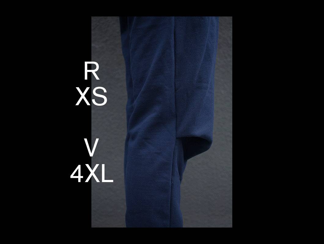 Diese Arbeit besteht aus zwei T-Shirts und zwei Hosen (jeweils in in den Konfektionsgr&ouml;&szlig;en 4XL und XS) von denen jeweils Vorder- und R&uuml;ckseite vertauscht und neu miteinander vern&auml;ht wurden. (R=R&uuml;ckeite, V=Vorderseite)